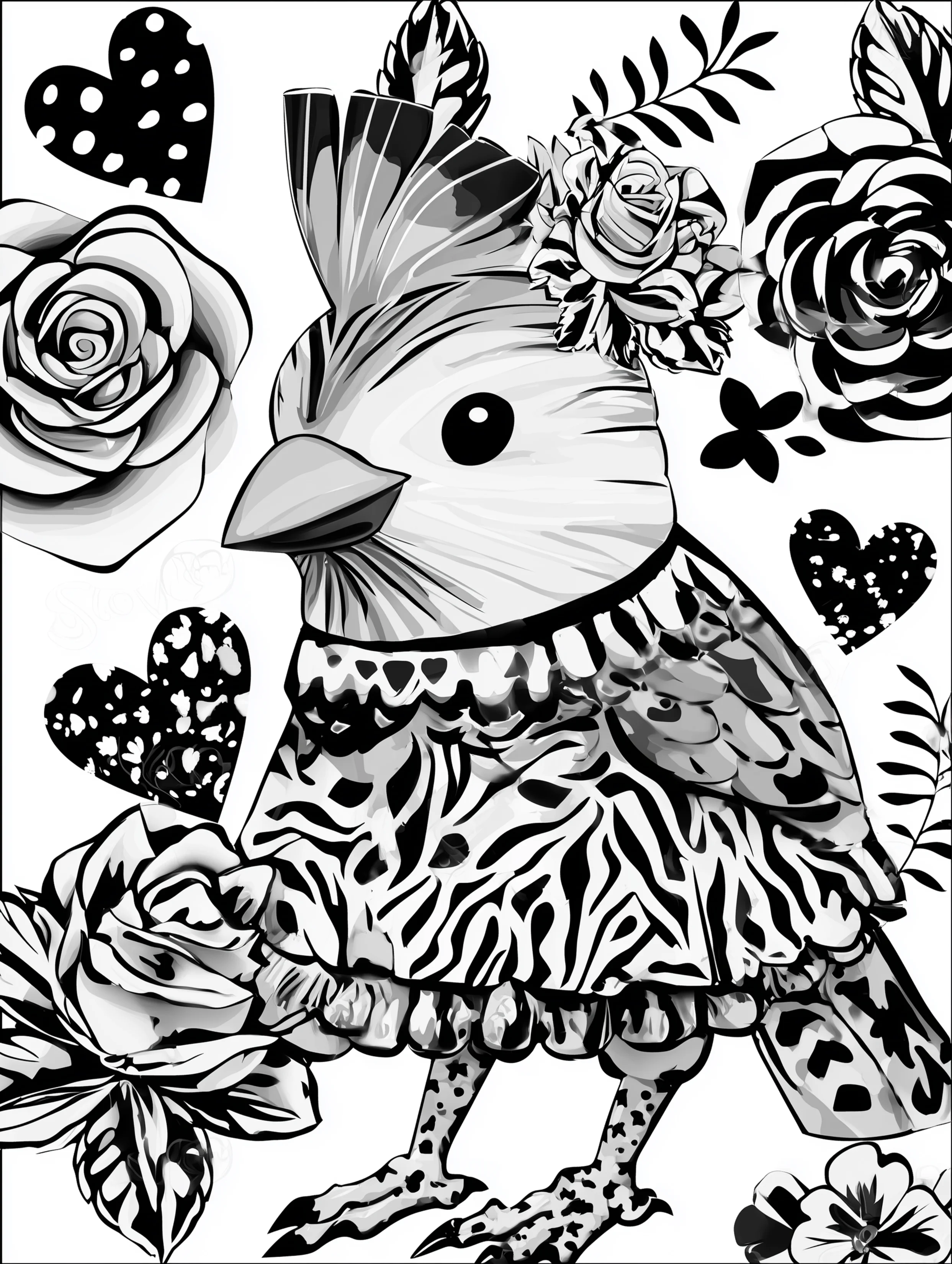 Free printable bird coloring page for adults featuring a mohawk bird wearing a dress